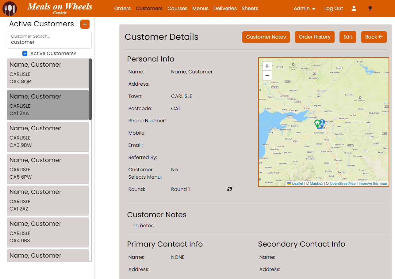 Customer Details - The view showing a customers details, primary contact and a map of where they live