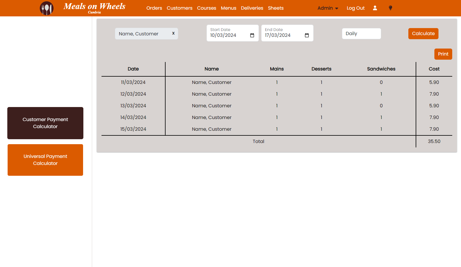 Reporting - Example showing financial reports, listing all orders placed by a customer