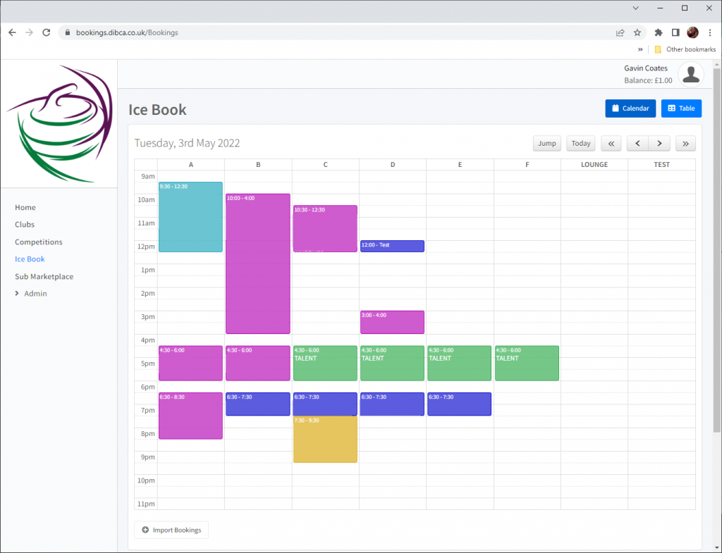 A screenshot from our Curling project, showing bookings
