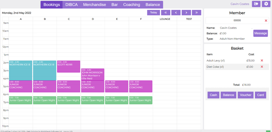 Touch Screen Till - View the bookings and click on any one to select the game and record payments
