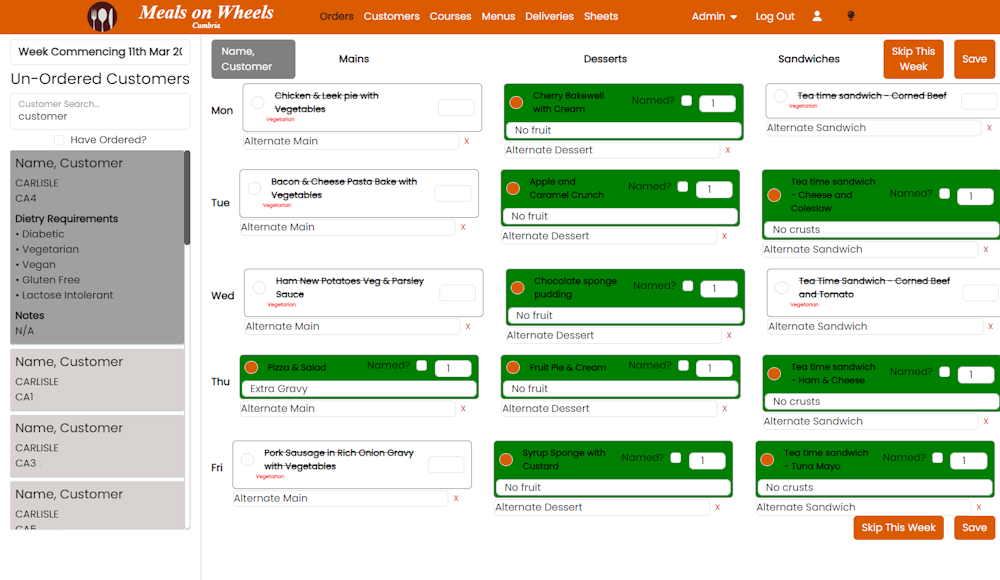 Order Screen - The screen where staff can quickly enter the customers order for the week