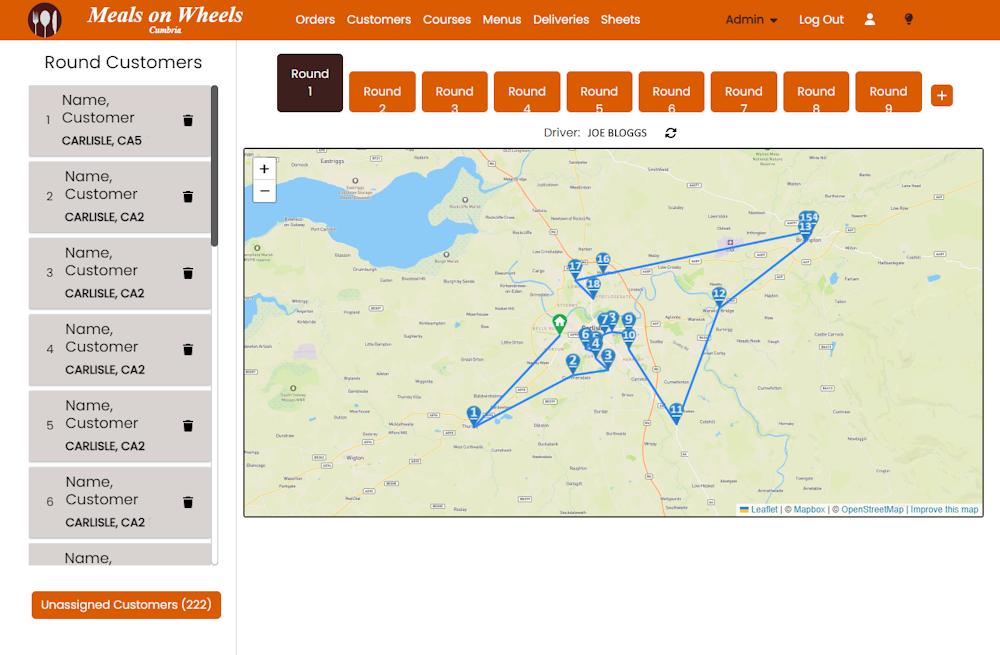 Route Management - Map showing the current location of all drops for the delivery round, plus drag and drop options to re-order