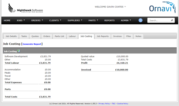 Job Costing - Showing a financial overview of a selected job